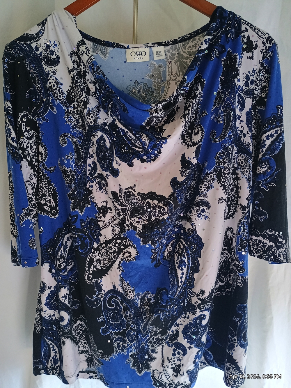 Cato Blue and White Paisley Drape Neck Long Sleeve Top